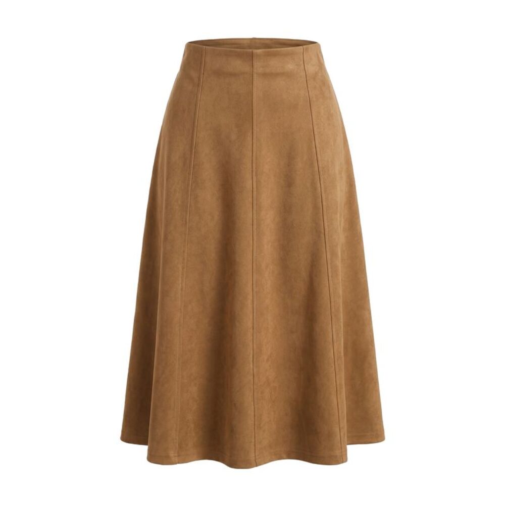 Women's Faux Suede Skirts Fall Winter with Pockets A-Line Midi Skirt Brown